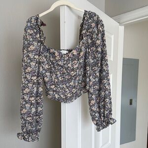 Astr Floral Smocked Long-Sleeve Crop Top - Black with Pastel Flowers